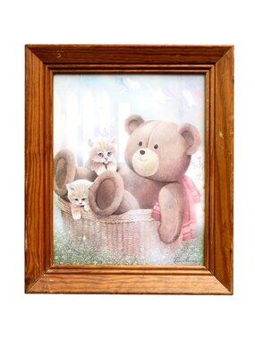 Ruane Manning 1987 Lithograph, Teddy Bear & Kitten, Donald Art Co, Framed Print
